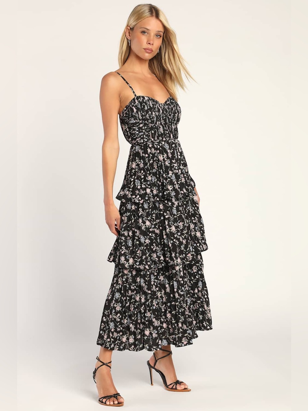 NwT 🌸Lulu's Cascading Crush Black Floral Print Tiered Bustier Midi Dress 🌺